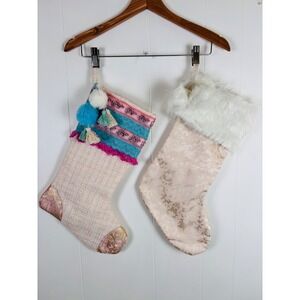 Christmas Stockings Lot 2‎ Cream Pink Gold PomPom Tassels Faux Fur Holiday Decor